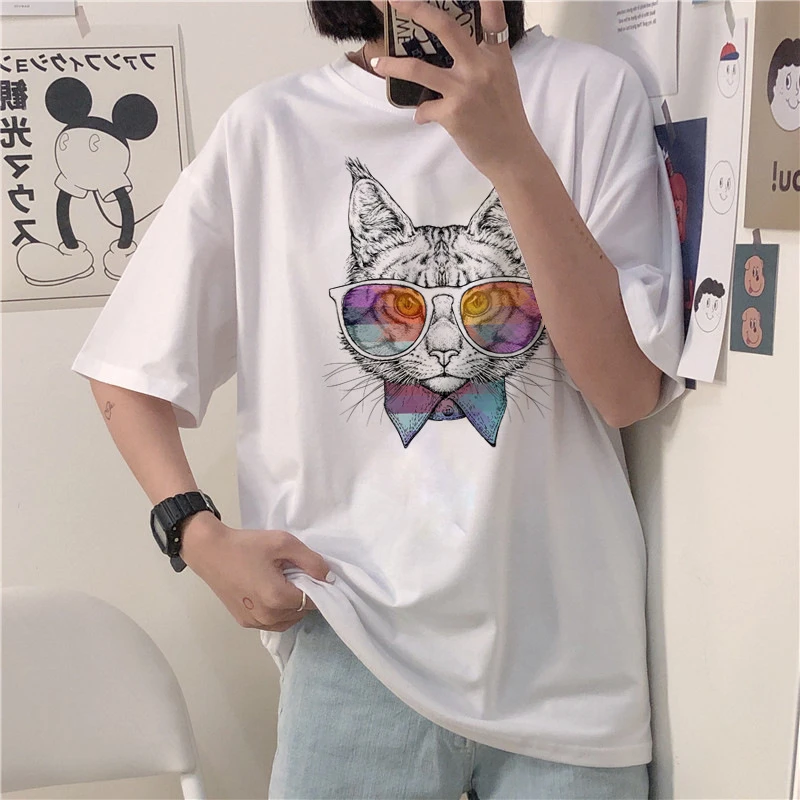 Новинка пуловер с принтом милого кота свободная футболка для молодых девушек