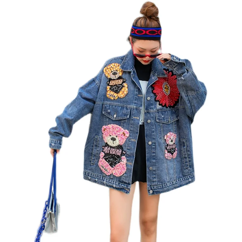 

European station heavy industry diamond-studded bead high-order denim jacket women loose personality denim jacket