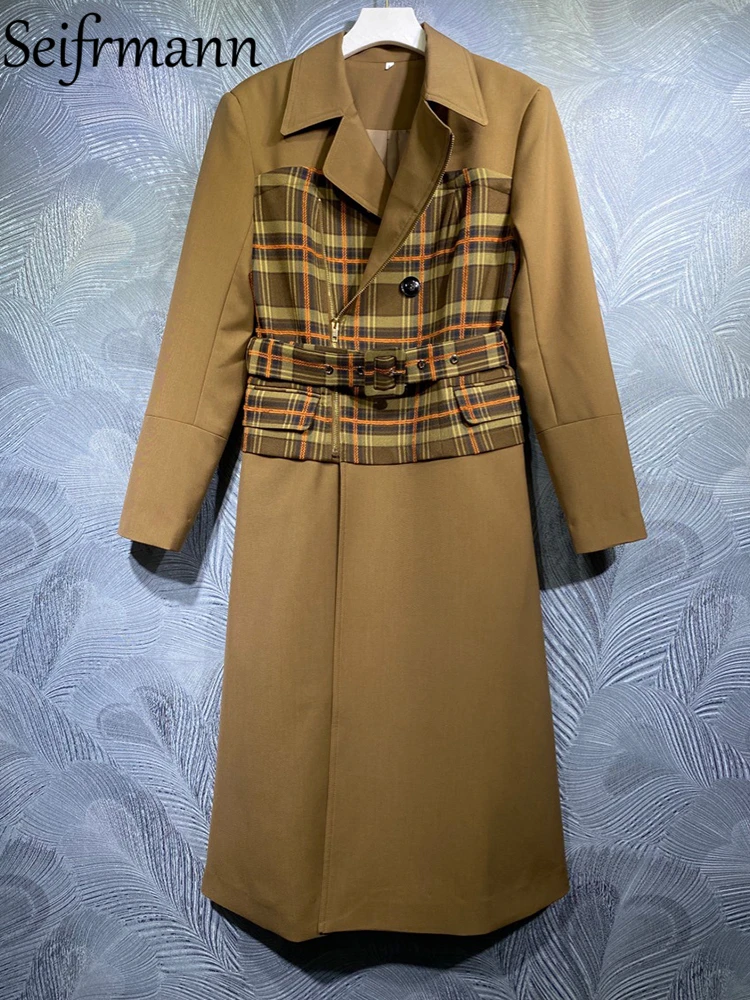 

Seifrmann New 2021 Winter Women Fashion Designer Slim Trench Coats Long Sleeve Sashes Plaid Print Ladies Warm Coats Overcoat
