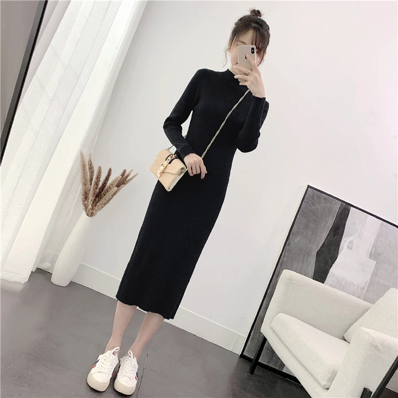 Autumn and Winter Black Inner Bottoming Skirt Long Half Turtleneck Overknee Dress Women's Slim Fit Slimming Knitted Dress