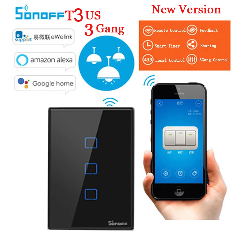 Смарт переключатель Sonoff T3 US 3gang Wi Fi RF/433/Touch дистанционное управление для умного