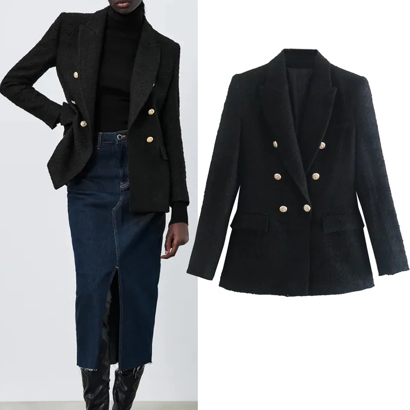 

Женский твидовый Блейзер TRAF Za, Черный Текстурированный двубортный пиджак, элегантная офисная куртка с длинным рукавом, осень 2021