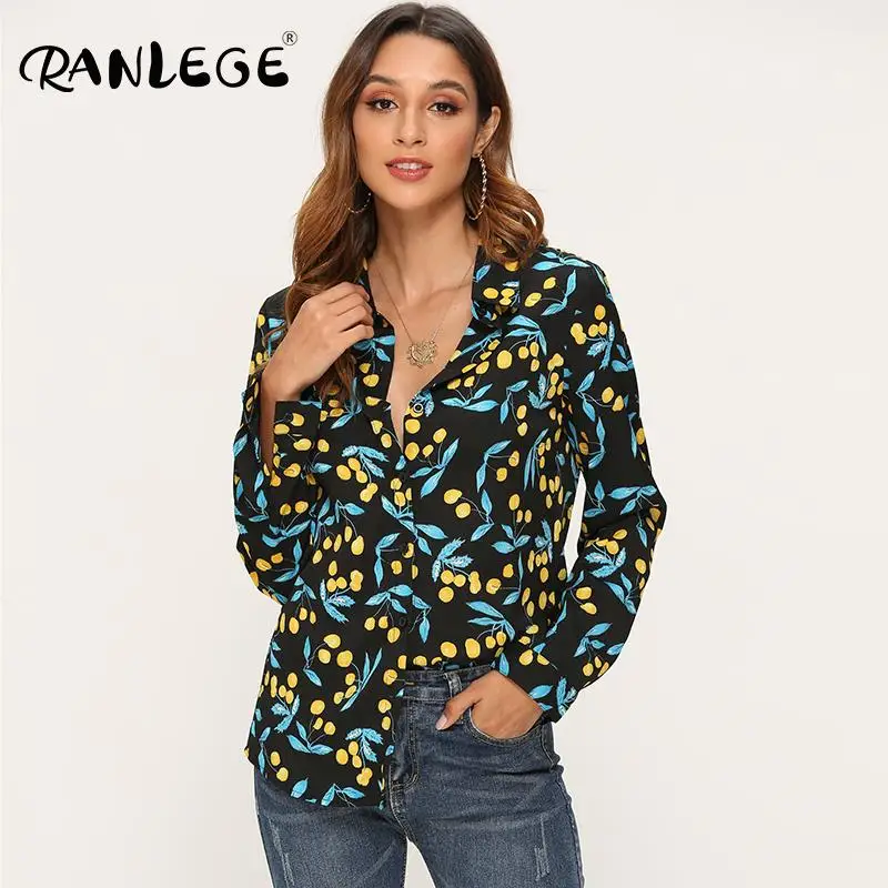 2019 новые осенние модные женские топы с принтом и блузки отложным воротником