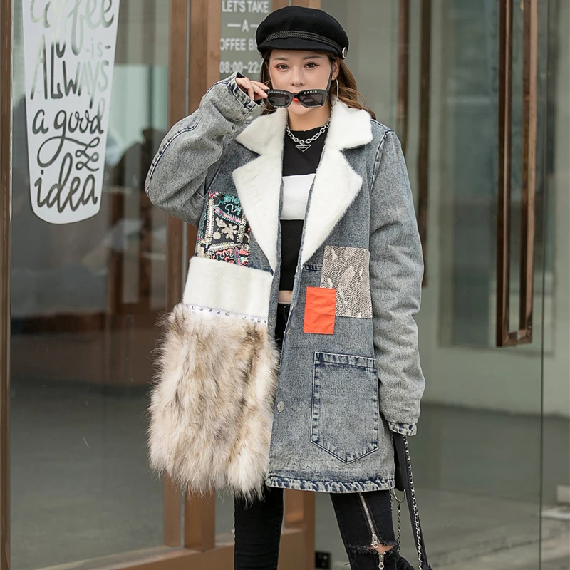 

European station net red thick fox fur stitching denim jacket female mid-length loose suit collar windbreaker trend