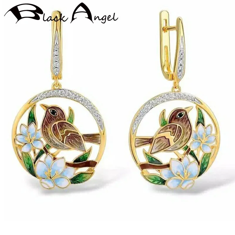 

BLACK ANGEL 2020 Enamel Flower Cute Bird Sparrow Clip Earrings Jewelry Round Elegant Wedding CZ Animal Earrings for Women