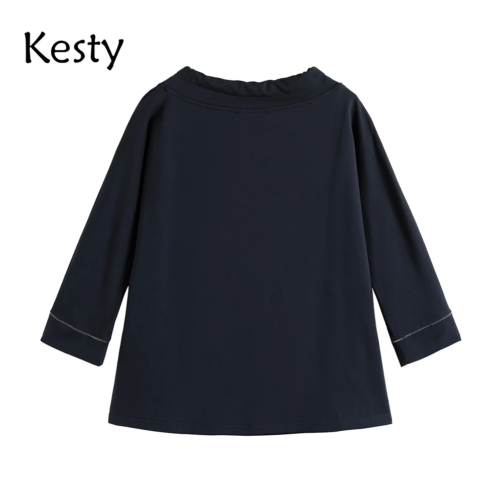 

KESTY Women's Plus Size Spring Cotton Top With Sequin Retro Print Pullover Round Neck Micro Stretch Loose Top