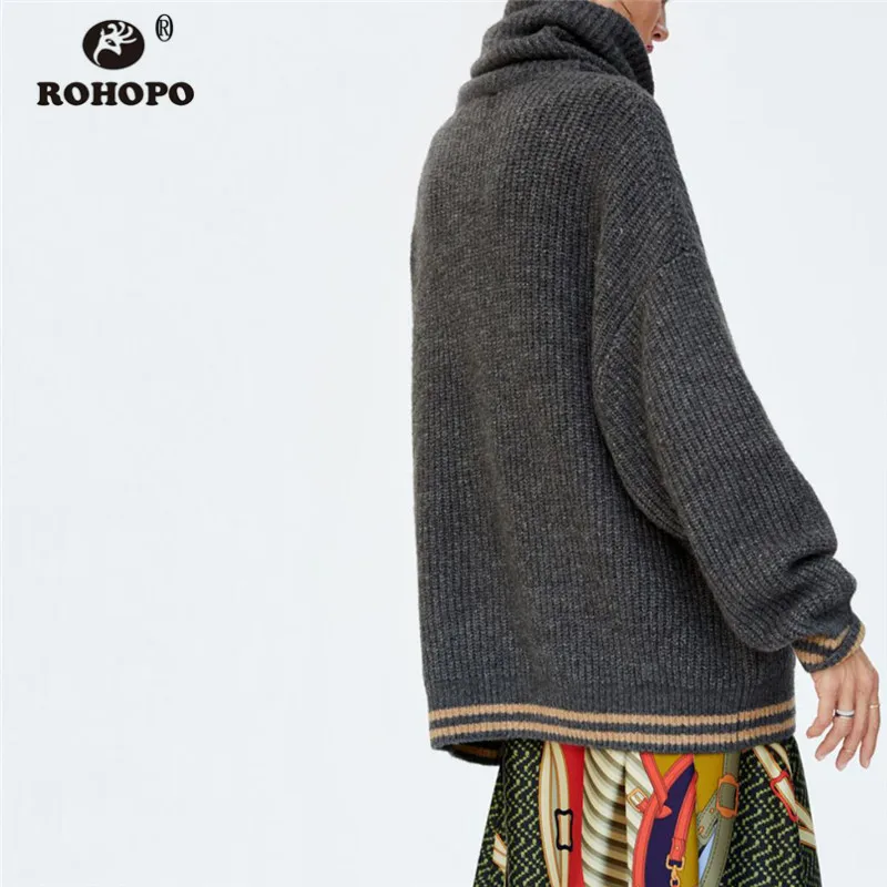 ROHOPO Scarf Collar Pullover Knitted Sweater Long Sleeve Striped Hem and Cuff Autumn/Winter Loose Sweaters #1826 | Женская одежда