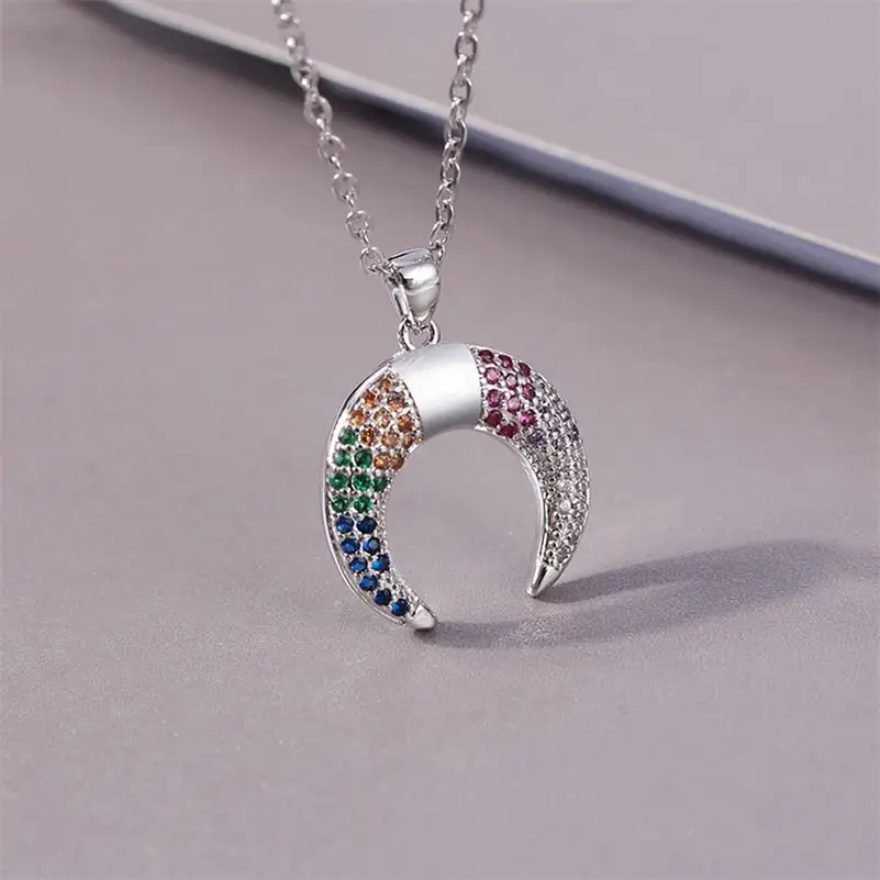 Moon1 Silver Из нержавеющей стали цвет циркон луна сердце ожерелье Рог кулон от сглаза ожерелье s женские ювелирные изделия аксессуары mujer - Metal Color: Moon1 Silver