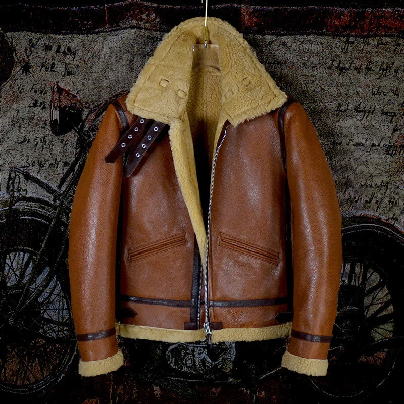 

2021 Brown Military Style B3 Bomber Genuine Shearling Coat Plus Size 4XL Real Natural Sheepskin Russian Winter Warm Jacket
