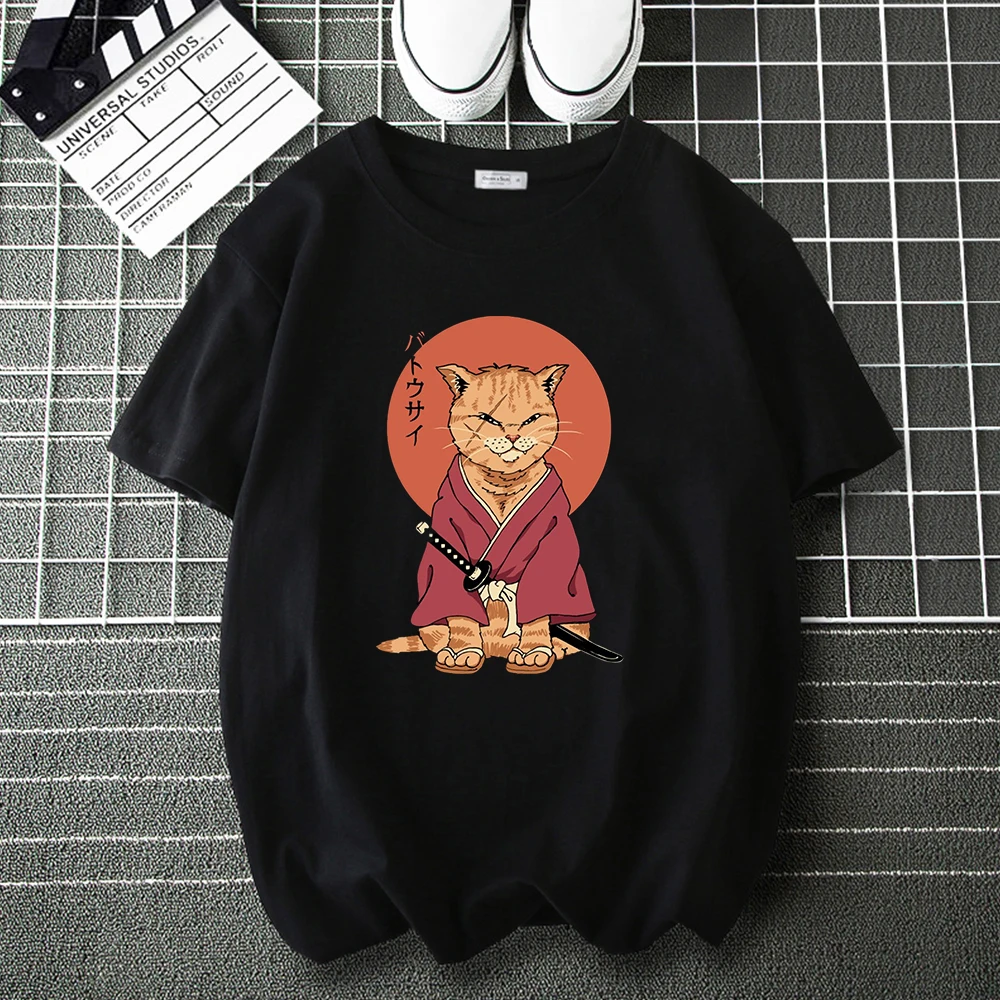 

Модная аниме футболка Ninja Cat Neko Battousai для мужчин и женщин, повседневные свободные топы с мультяшным принтом, мужские футболки в стиле хип-хоп, ...