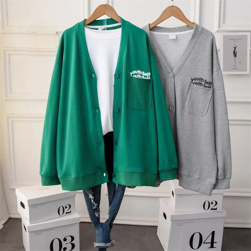 

Женский простой свитер средней длины с V-образным вырезом, кардиган на пуговицах, новинка весны-осени, модная свободная повседневная куртка ...