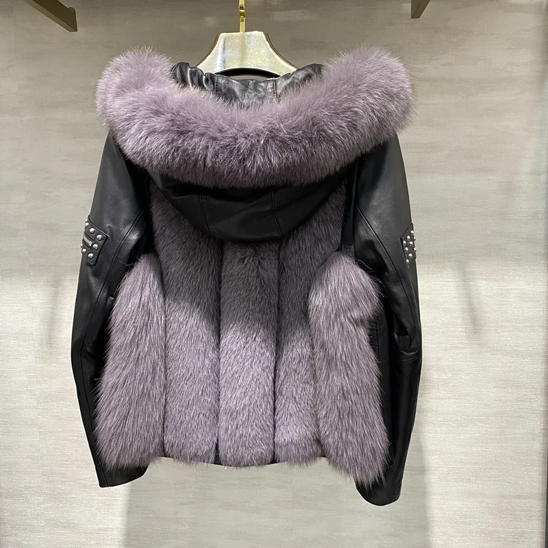 

SHZQ Natural Leather Sheepskin Coats Ladies Jackets Women Fur Coat with Real Fox Fur and Hooded Fashion Genuine Leather Coat Out