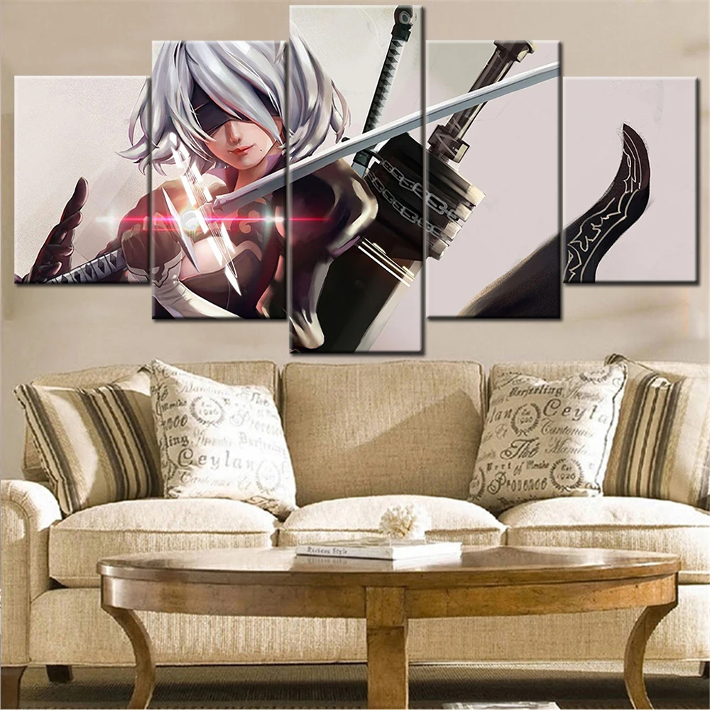 

5 Piece Canvas Wall Art Game Picture 2B Katana Figure Posters Living Room Modern Decoration Bedroom Image Home Office Picture