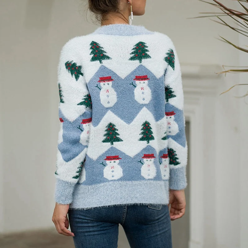 

Snowman Christmas Tree Knitted Pullover Ladies Long Sleeve O-Neck Sweater Fall Winter Christmas Gift