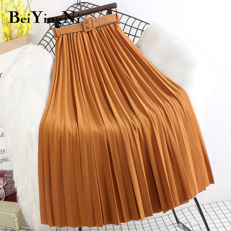 

Beiyingni High Waist Skirts Womens Belt Fashion Metallic Party Midi Pleated Long Skirt Black Pink Casual Korean Falda Mujer Saia