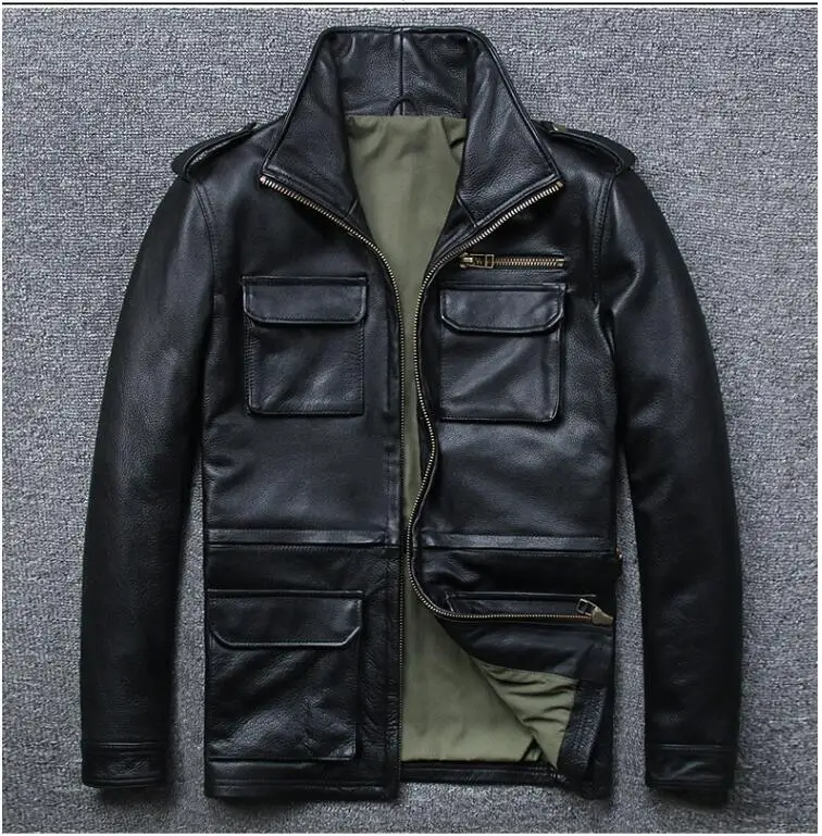 Мужская длинная M65 кожаная куртка размера плюс XXXXXL из натуральной толстой воловьей кожи для русской сафари - Цвет: Black