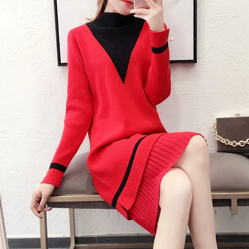 Женское вязаное платье свитер Свободный пуловер с высоким воротником и длинным