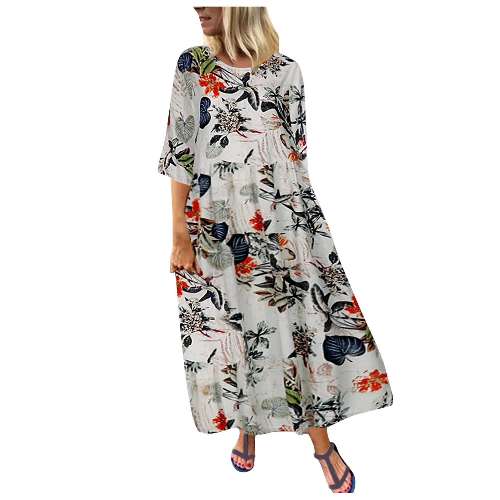 

40# Boho Plus Size Robe Femme Floral Printed Long Dress Straight Summer Dress 2021 Elegant O Neck Chiffon Maxi Dresses For Woman