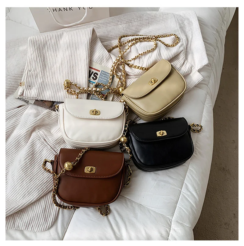 

Simple Pu Leather Chain Crossbody Bags for Women 2021 New Korean Fashion Solid Colour Shoulder Saddle Bag Female High Quality
