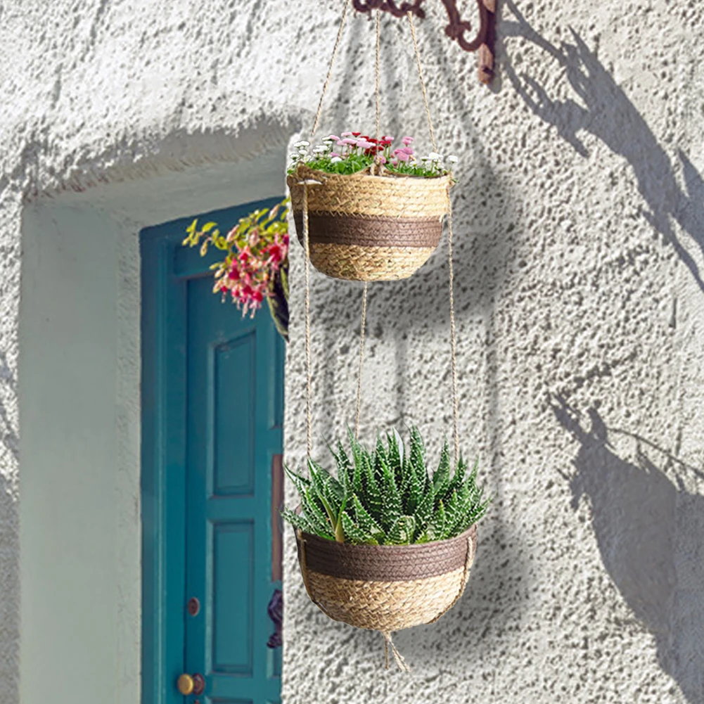 

Natural Hand-woven 2 Tier Hanging Planter Basket Handmade Plant Hanger Decorative Hanging Planter Pot Holder For Home compatible