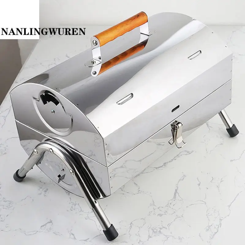 Портативный угольный гриль армейский зеленый цилиндр из нержавеющей стали для