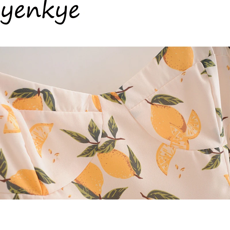 Женское шифоновое платье миди на бретелях спагетти с принтом лимона|Женские