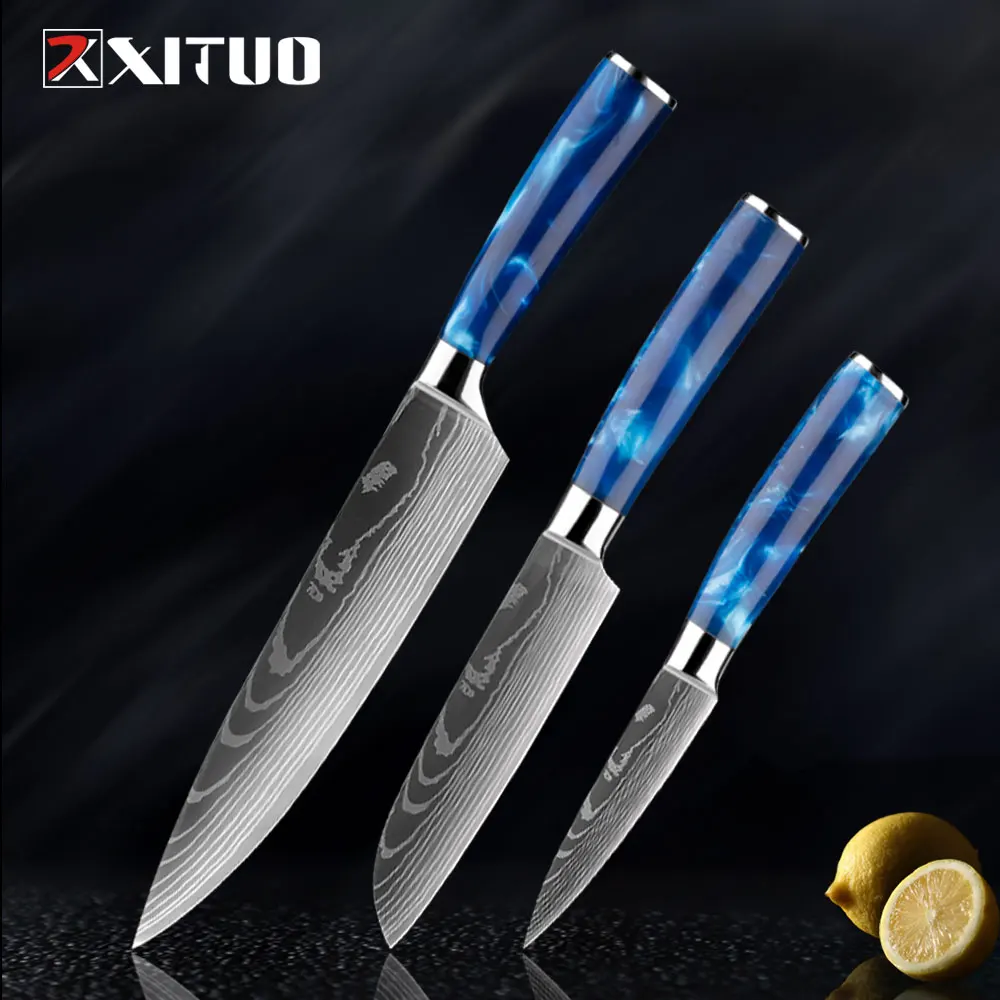 XITUO-Juego de cuchillos de Chef de acero inoxidable, utensilio de cocina azul con láser de Damasco, japonés, para carne, Santoku