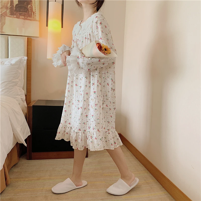 

Harajpee Women Pajamas 2021 Spring Autumn Japanese Sweet Temperament Cute Floral Print Long Sleeves Comfortable Nightdress