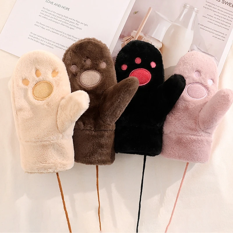 

Toddler Kids Winter Fluffy Plush Full Finger Gloves Cartoon Bear Paw Embroidery Windproof Thermal Mittens with String