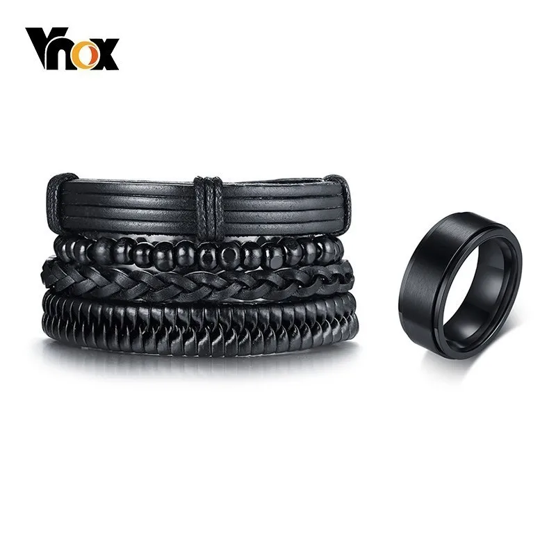 Vnox 4 шт./компл. черные браслеты и кольца ювелирные наборы для мужчин браслет с
