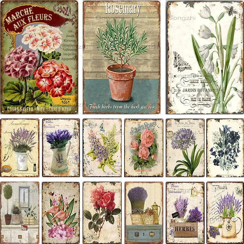 

Vintage Flowers Tin Sign Garden Iron Painting Retro Metal Sign Wall Decor for Living Room Dining Room Metal Plate Home Decor