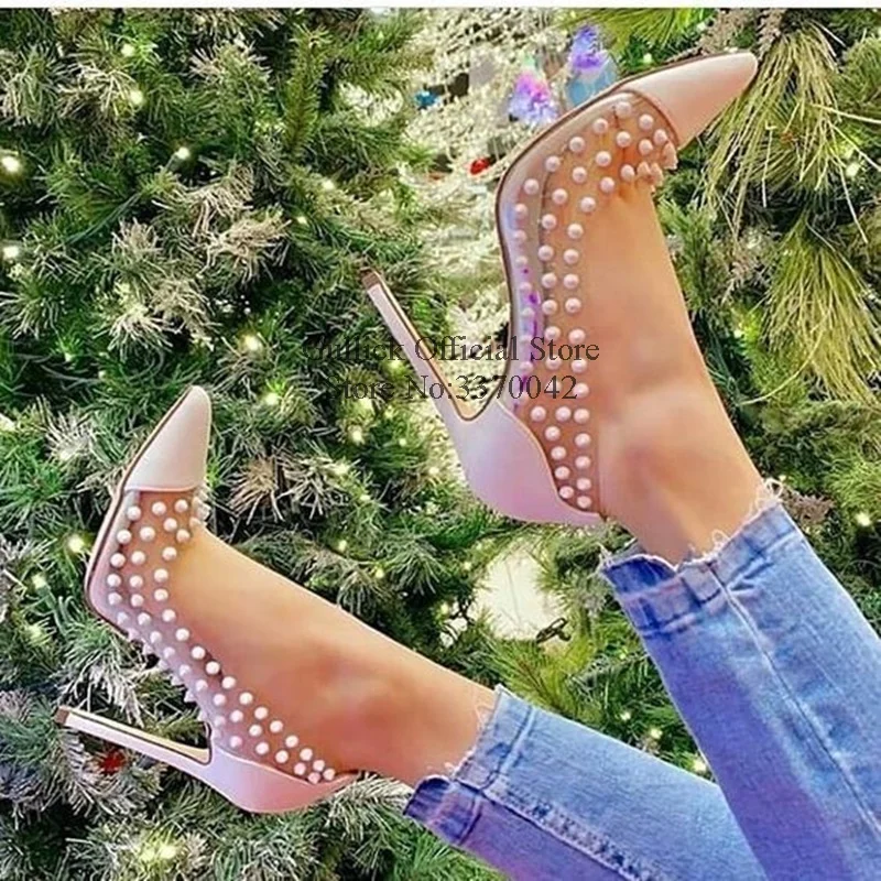 

White Rivets High Heel Pumps Transparent PVC Patchwork Dress Shoes Ponity Toe Studded Stiletto Heels Wedding Shoes Bride