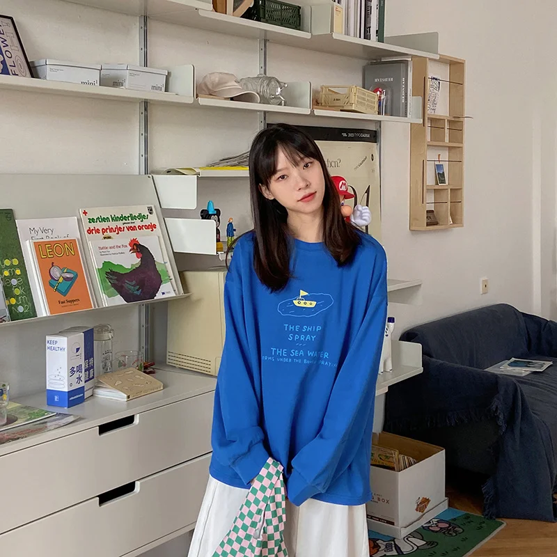 Женская футболка с принтом спереди и сзади свободный ленивый Топ длинным рукавом