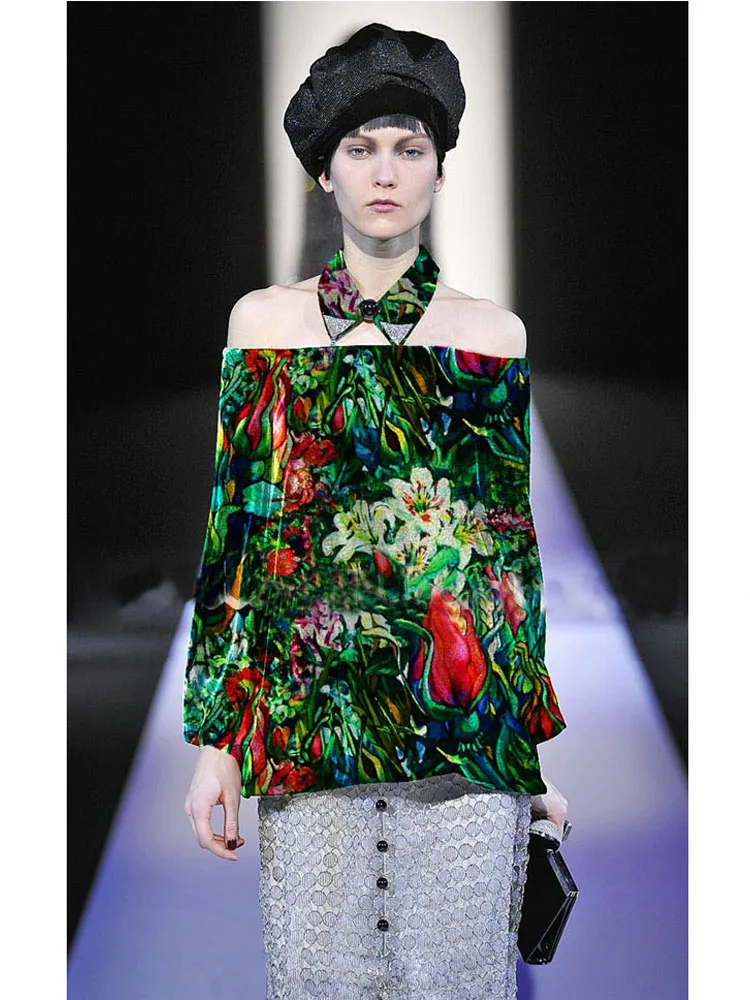 Шелковая ткань эластичная с зелеными цветами 97% для осени и зимы ткани шитья