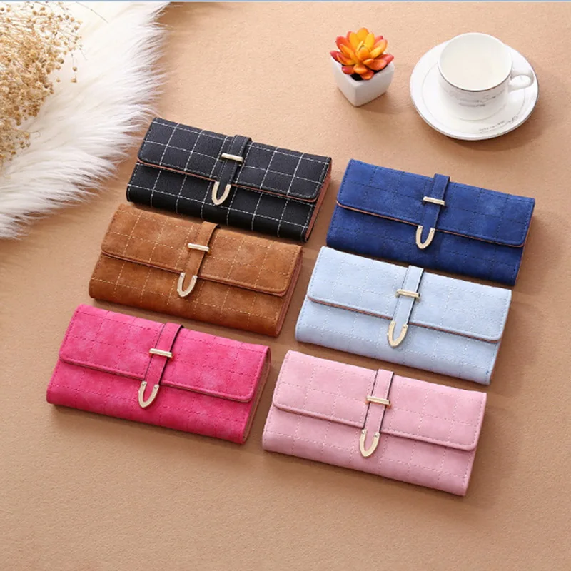 

2021 Wallets Women Long Zipper Luxury Brand Matte Coin Purses Check Pattern Buckle Wallets Female Money Bag Credit Card Holder