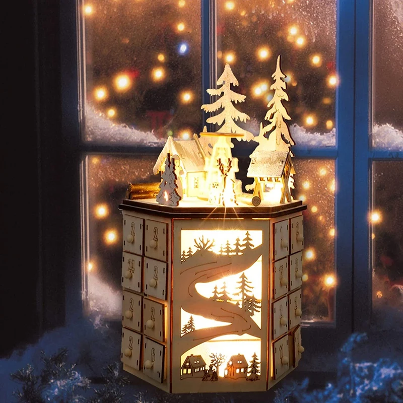 

LED Revolving Music Box Advent Calendar Decorated With LED Lights Wooden Carved 24 Day Countdown To Christmas Calendar