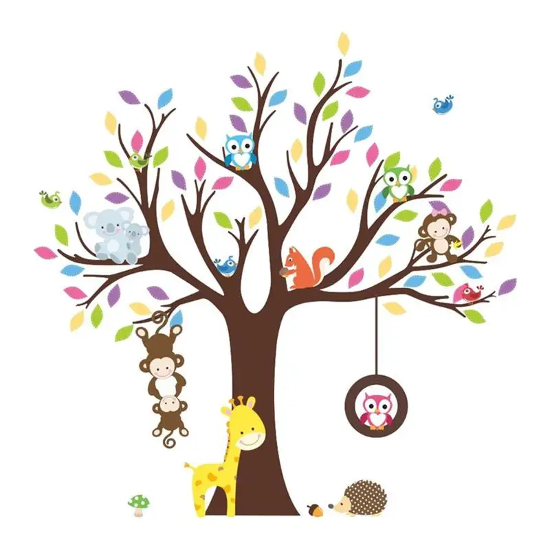 

Tree Jungle Animals Wall Stickers Monkeys Owls Wall Decal Removable Stickers Art for Nursery Kindergarden Baby Kids Room