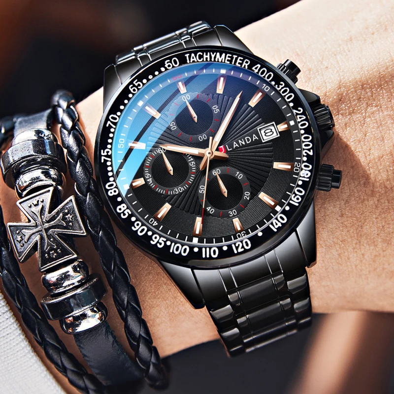 

JLANDA Mens Quartz Calendar Stainless Band Wrist Watches For Male Timeable Sport Design Waterproof Fashion Luminous Clock