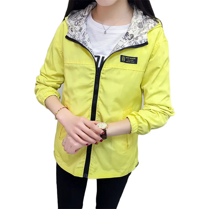 

Student Jacket Women 2021 Spring Summer New Fashion Preppy Letter Print Double Face Can Wear Short Loose Thin Hooded Coats N827