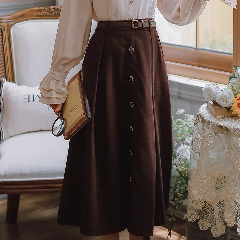 Fall 2022 OL Elegant Sweet Midi Skirts For Women Spring Casual Elastic Waist Single Breasted A-Line Pleated Skirt Korea Brown
