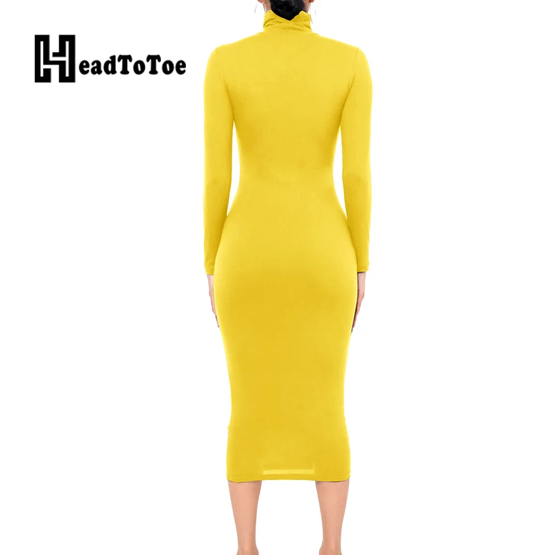 

Solid Casual Brief Woman Dress Long Sleeve High Neck Knee Length Skinny Slim Dresses for Women