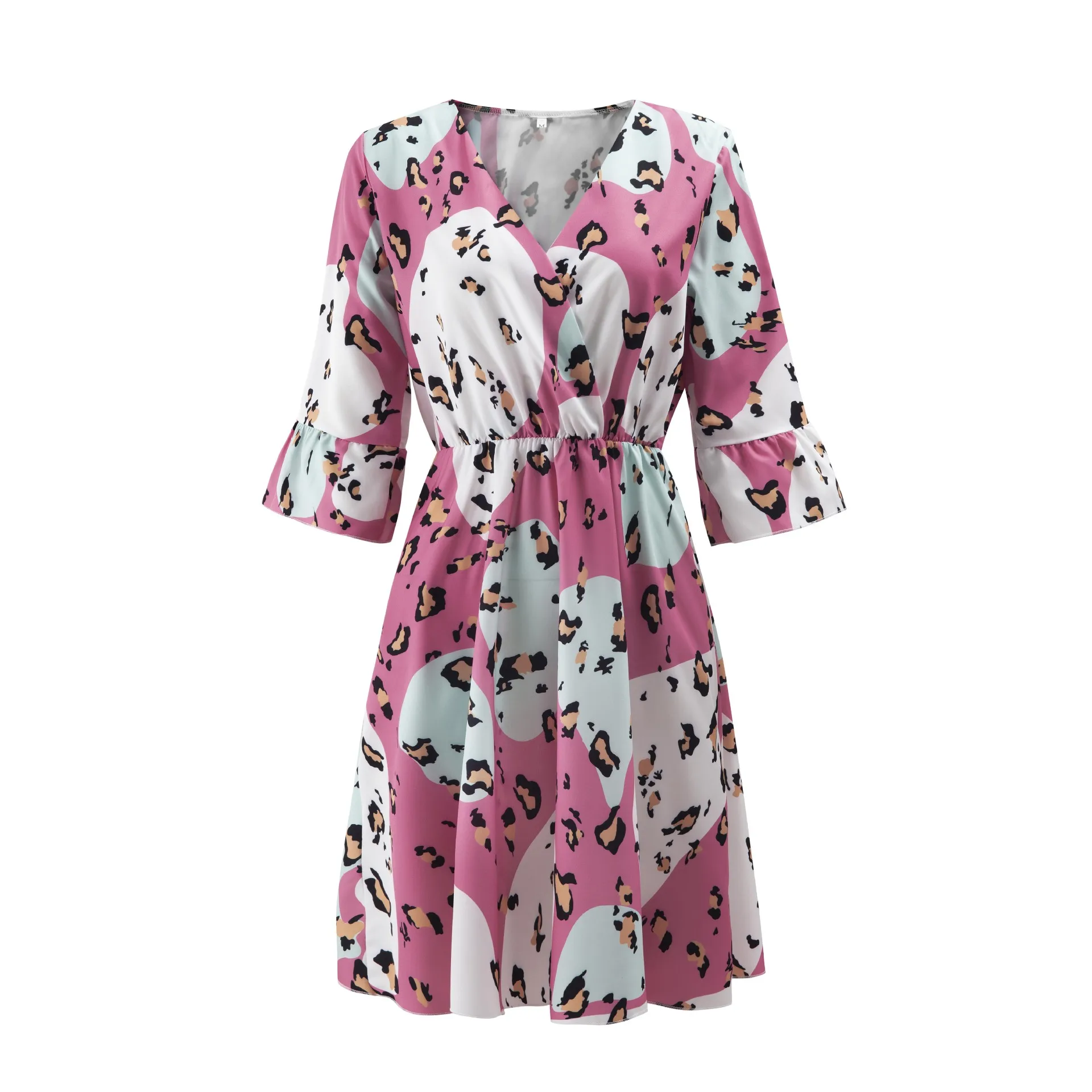 

2021 Summer Loose Ruffle Mini Dress Sexy V Neck Flare Sleeve Casual Party Women Leopard Print High Waist Dress Casual Vestidos