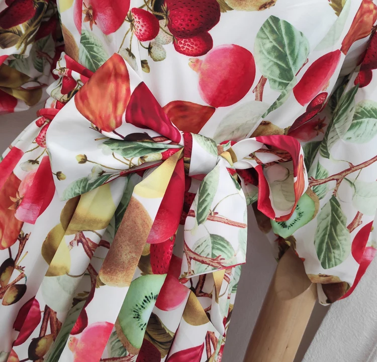 

2021 Summer New Fruit Printed off-Neck Puff Sleeve Dress For Women Slim Waist Belt Lace-up Bow Ankle-Length Dress Ladies