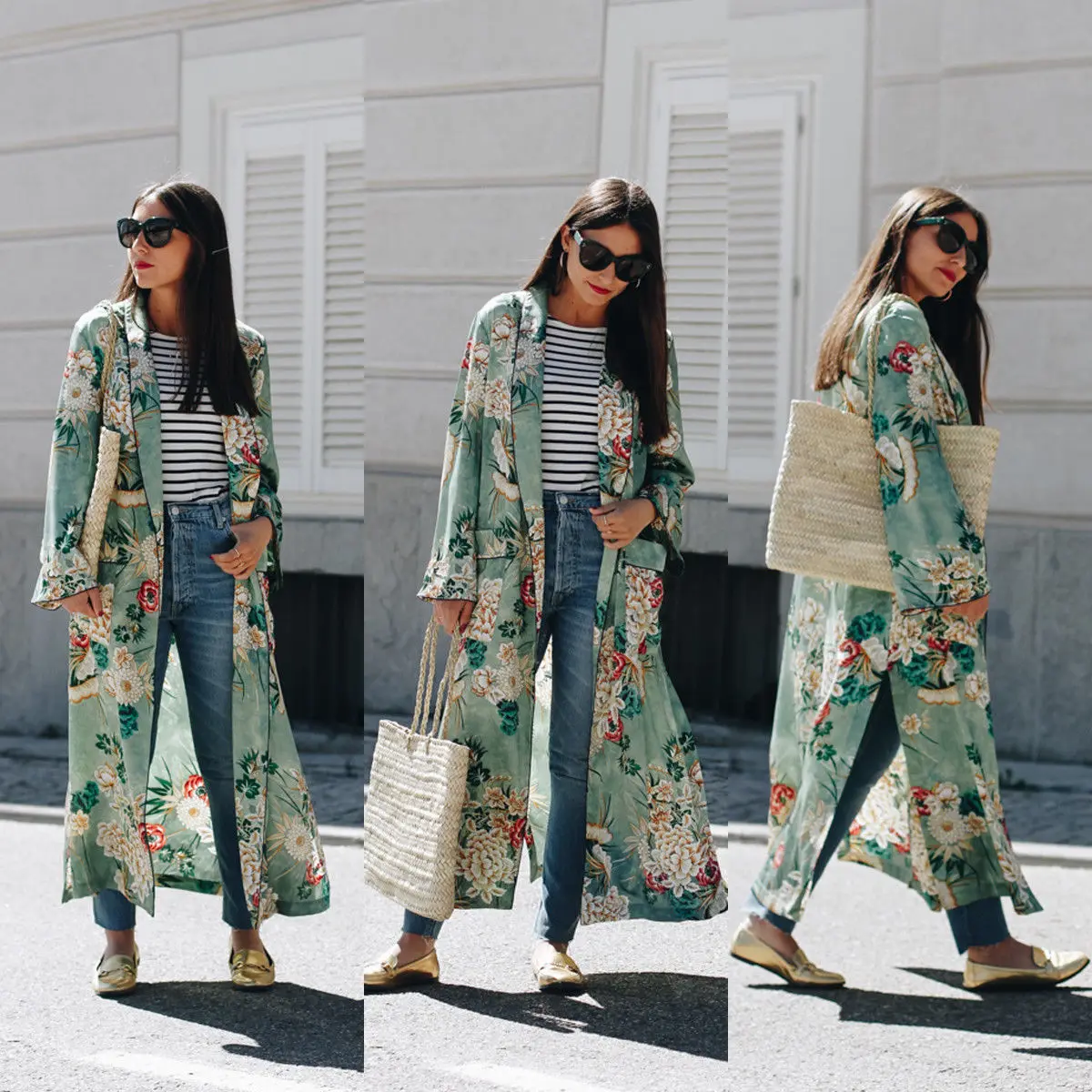 

2019 Stylish Women VIntage Loose Kimono Long Cardigan Tops Boho Coat Jacket Blouses Green Floral Printed Long Cardigans Clothes