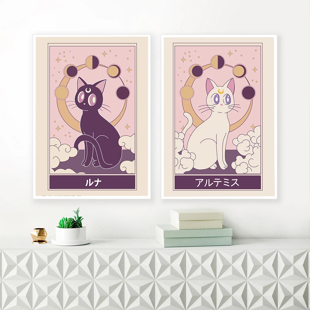 

Japanese Cartoon Anime White Cat Poster And Print Nordic Cute Black Cat Canvas Painting Nursery Wall Art Picture Girl Room Decor