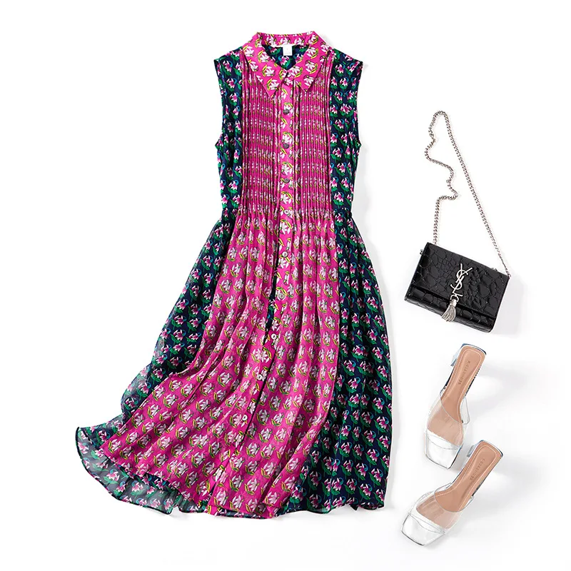 

Silk Dress Summer Women 2020 New Turn Down Collar Sleeveless Floarl Patchwork Silk A-Line Casual Shirt Dress Knee Length S-XL
