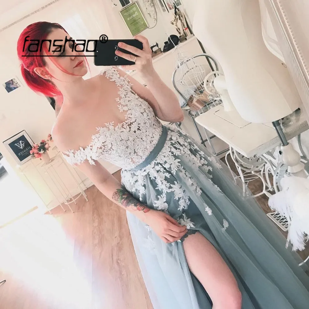 

See Through Evening Dresses Appliques Slit Tulle Robe De Soiree Formal Dress Dubai Saudi Arabic Evening Gown Prom Dress