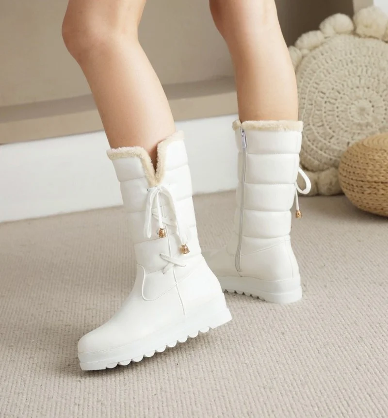 FXYCMMCQ Winter New Round Head High Boots Flat Heel Warm Round Head Side Zipper Snow Boots T7