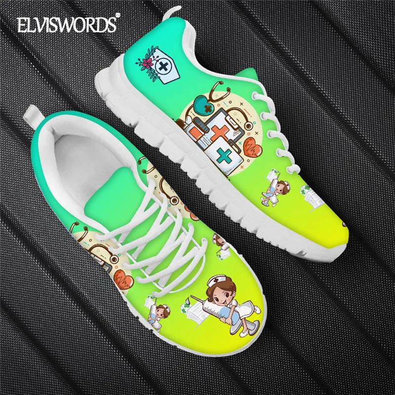 

ELVISWORDS/Милая женская обувь на плоской подошве в повседневном стиле с принтом медсестры; Дышащие кроссовки желтого, зеленого цвета с градиент...
