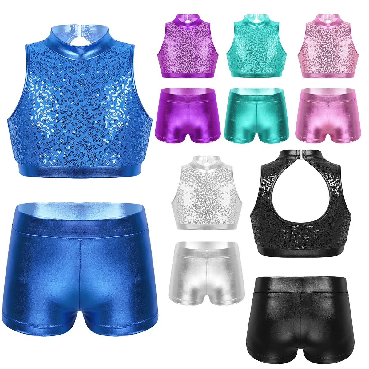 

Kids Girls Ballet Dancewear Sparkly Sequins Sleeveless Cutout Back Crop Top with Bottoms Set for Jazz Dance Performance Hip Hop